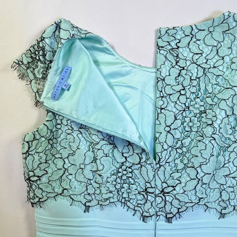Antonio‎ Melani Mint Green Black Floral Lace Sheath Dress Cap Sleeve Size 10 - Picture 8 of 14